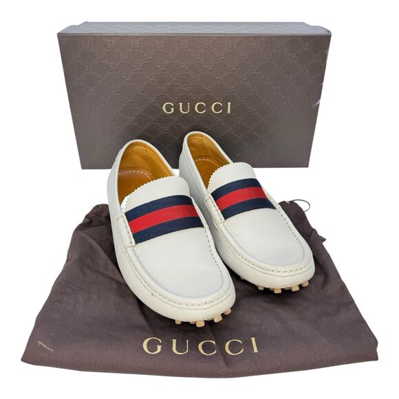 Authentic GUCCI Beige Driving Loafer Moccasin Shoes Red Blue 7G 7.5 - Picture 1 of 10